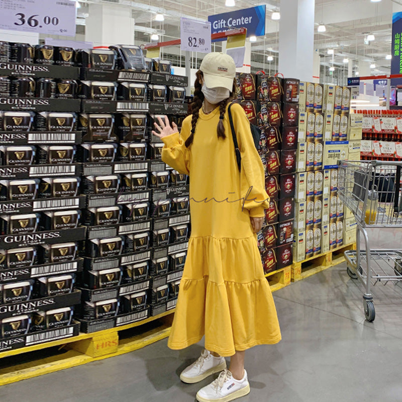 【即納】裾フリルスウェットワンピース(イエロー/M)