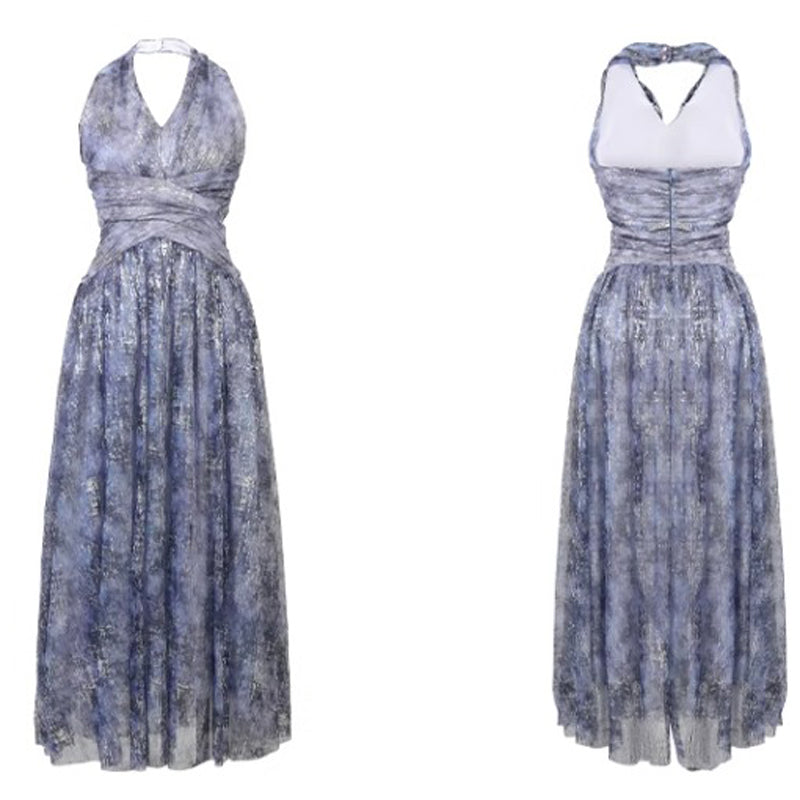 ホルターネックインクプリントロング丈パーティードレス(2colors)