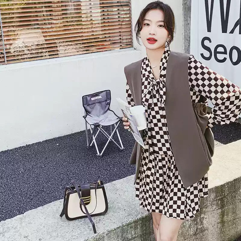 チェック柄ワンピース×ベストセット