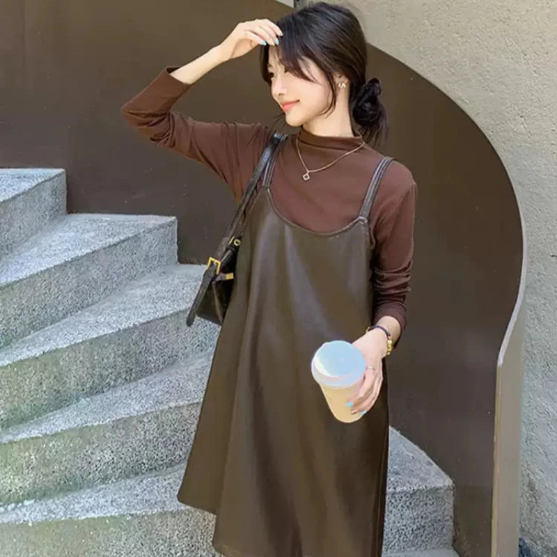 タートルトップス×PUレザーワンピースセット(2colors)