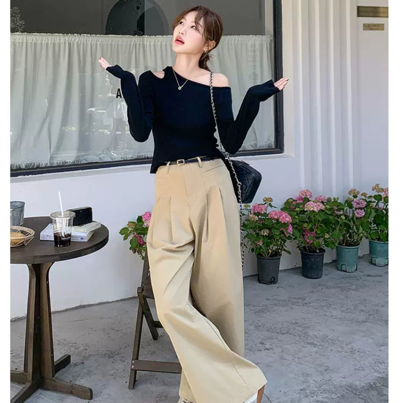 オフショルダーカットソー×ワイドレッグパンツコーデセット