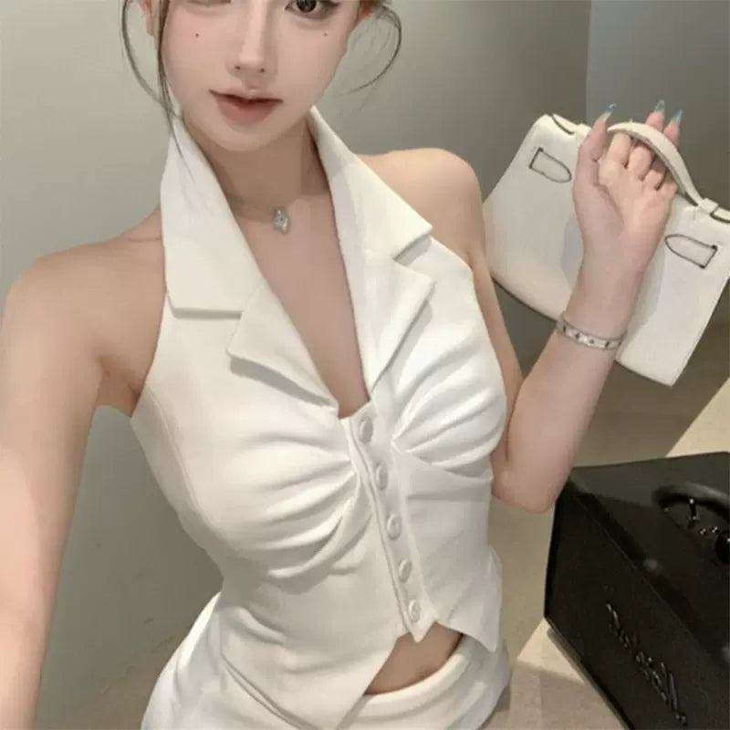 襟付ノースリーブシャツ×アシンメトリーミニスカートセット