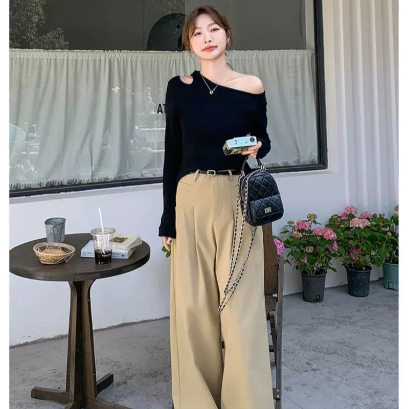 オフショルダーカットソー×ワイドレッグパンツコーデセット