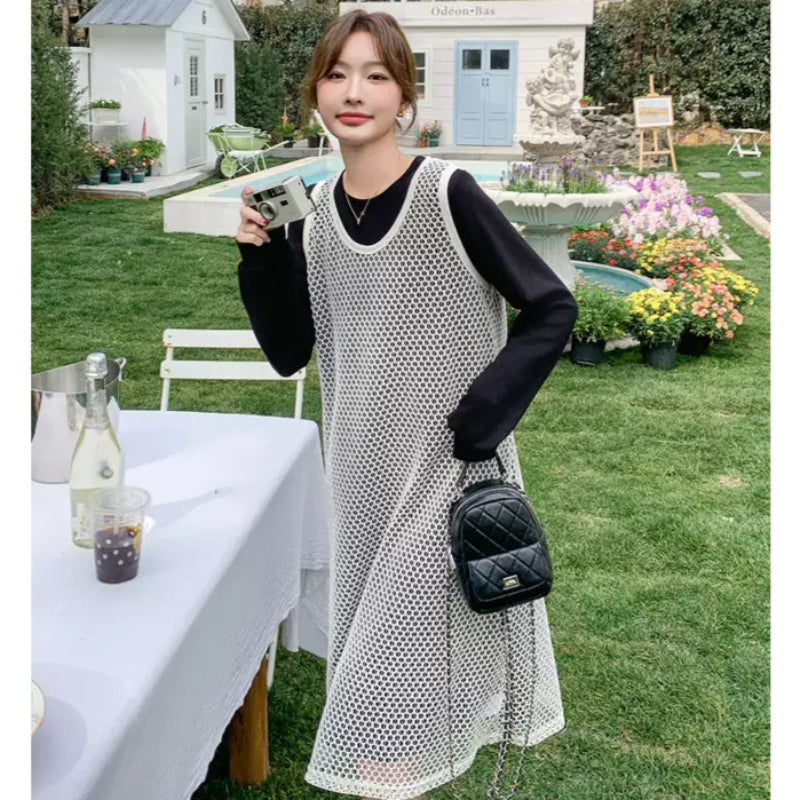 メッシュニット×ブラックワンピースコーデセット