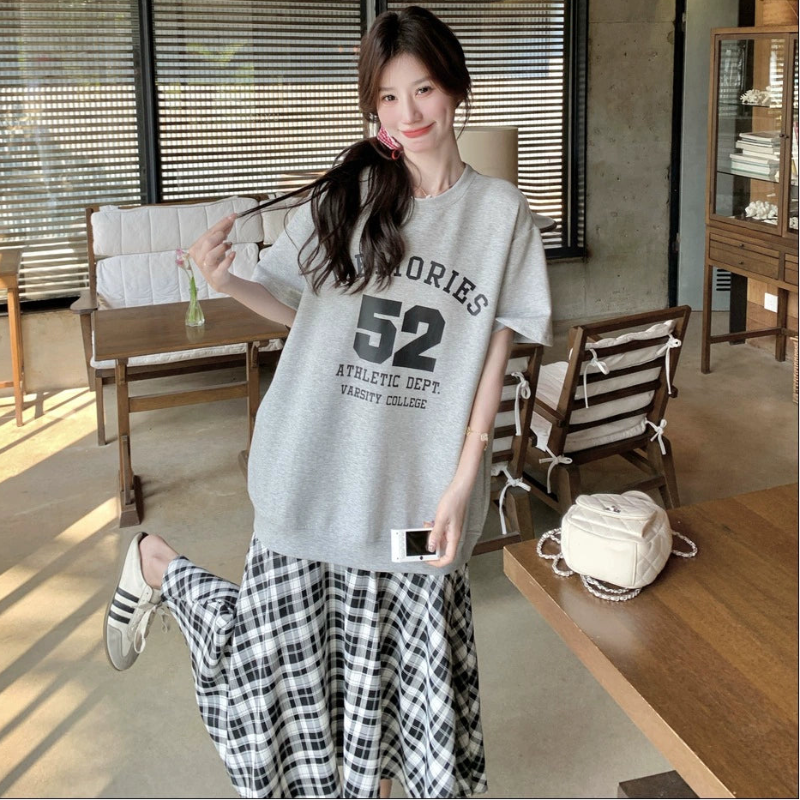 Tシャツ×チェックスカートドッキングワンピース