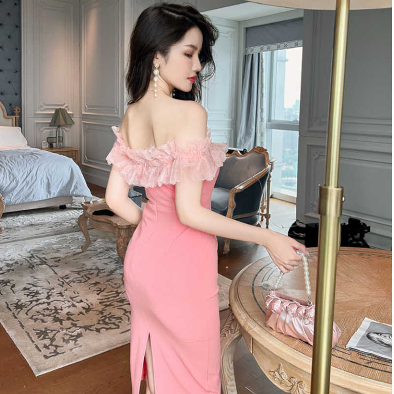 フロントリボンシアーフリルコンビオフショルダーペンシルワンピース