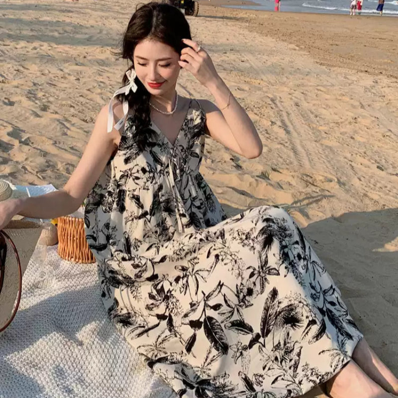 ダブルストラップボタニカルプリントワンピ