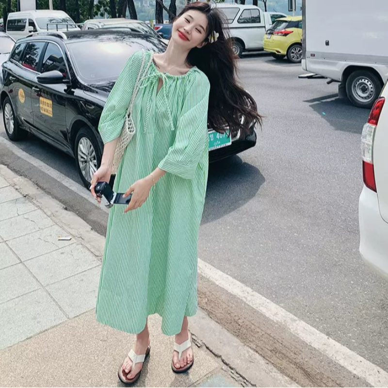 グリーンストライプシャツワンピース