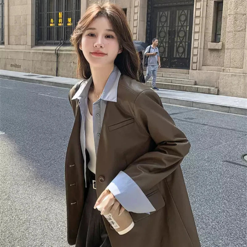 ノーカラーVラインPUレザージャケット