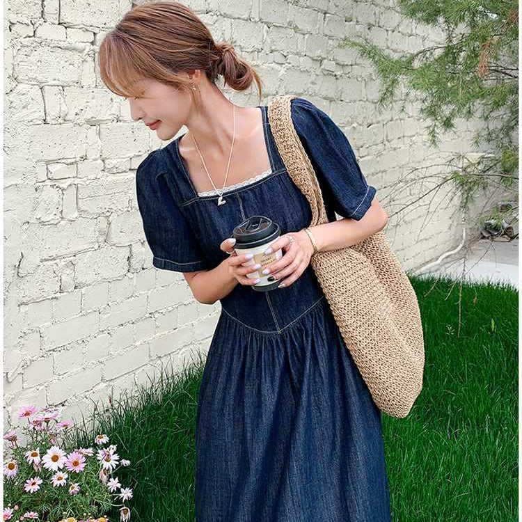 スクエアネックマキシ丈デニムワンピース