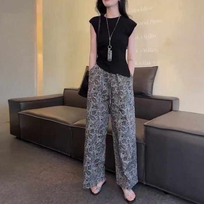 フレンチスリーブトップス×ペイズリーパンツ(3colors)