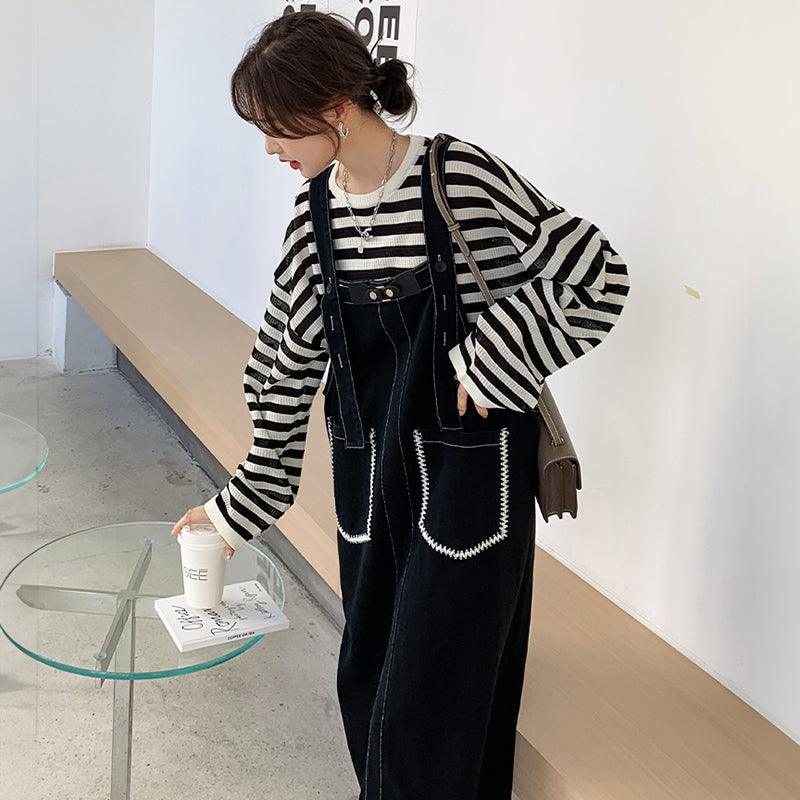 カジュアルボーダートップス×デニムサロペットワンピースセット