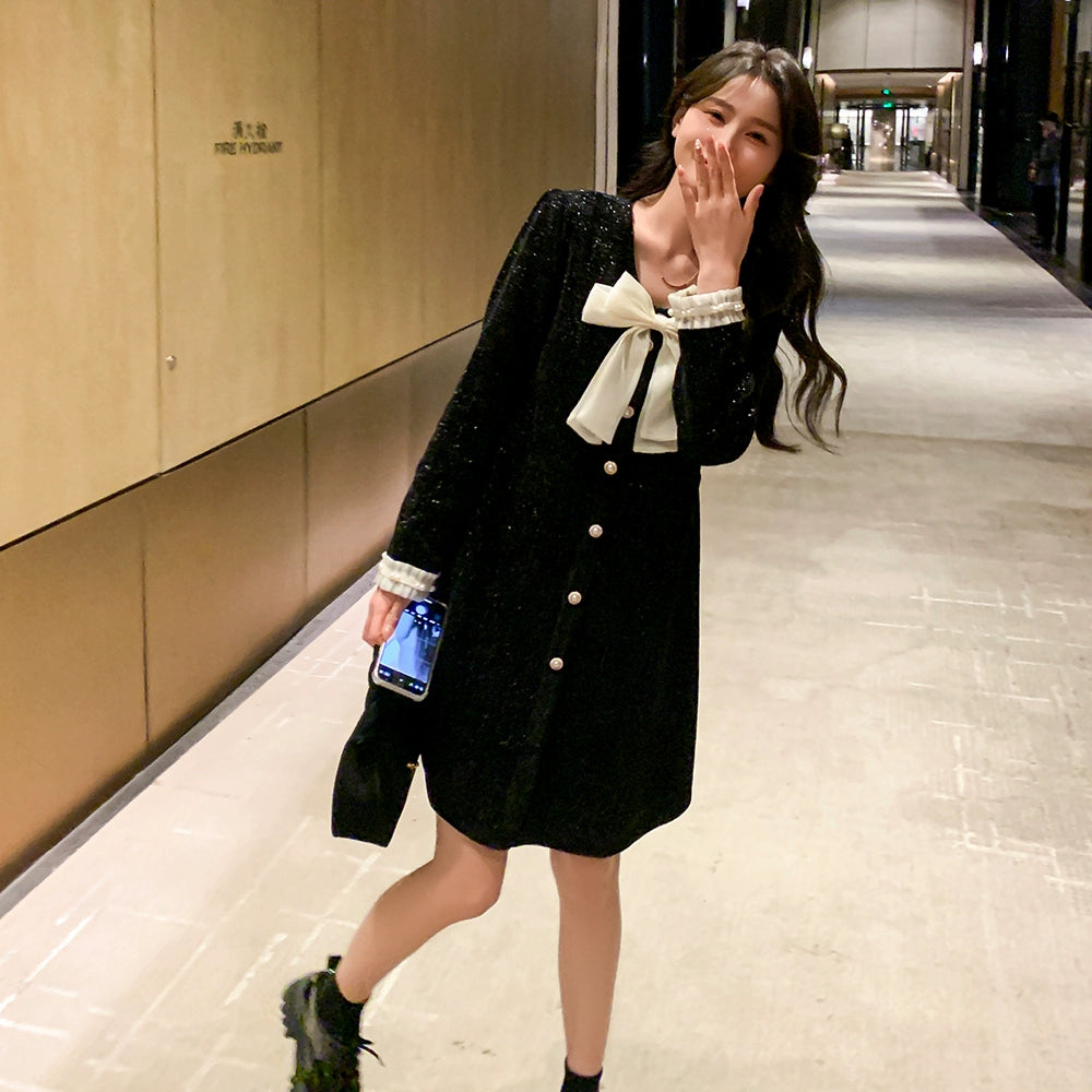 リボン付きオケージョンミニワンピース 黒 春/秋 大人可愛い リボン付きオケージョンミニワンピース 黒 春/秋 大人可愛い