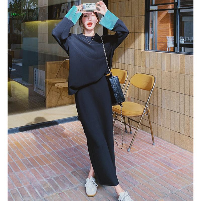 スウェットバイカラートップス×スカートセット