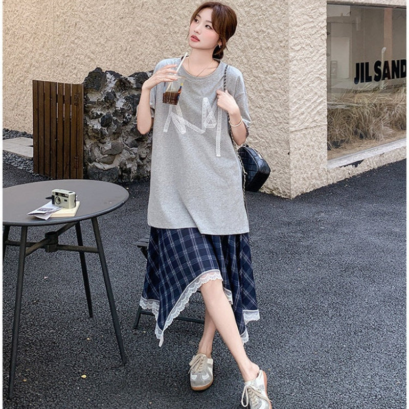 Tシャツドッキングチェックスカートワンピース