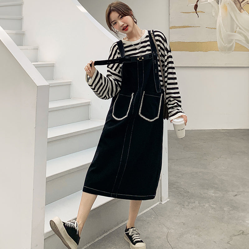 カジュアルボーダートップス×デニムサロペットワンピースセット