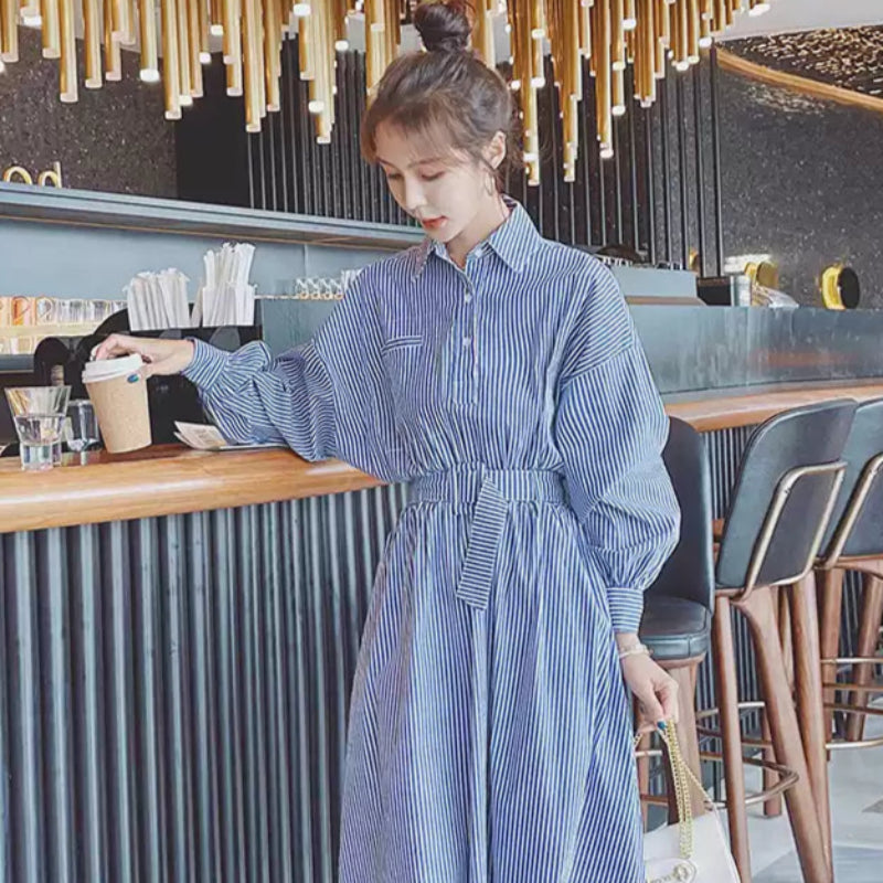 【即納】ブルーストライプシャツワンピース