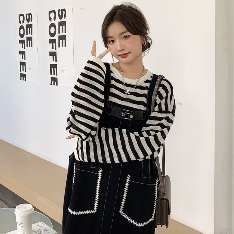 カジュアルボーダートップス×デニムサロペットワンピースセット