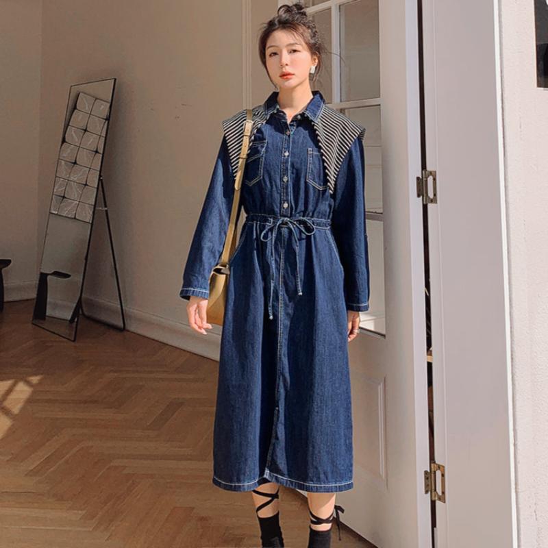 ストライプスカーフ付きデニムワンピース