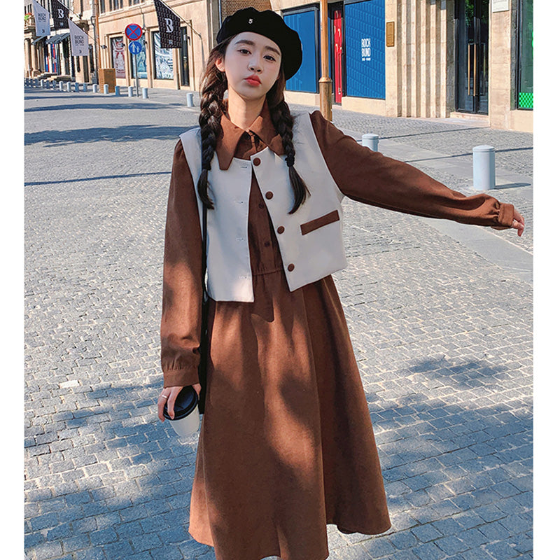 【即納】2WAYバイカラーベスト×ワンピースセット