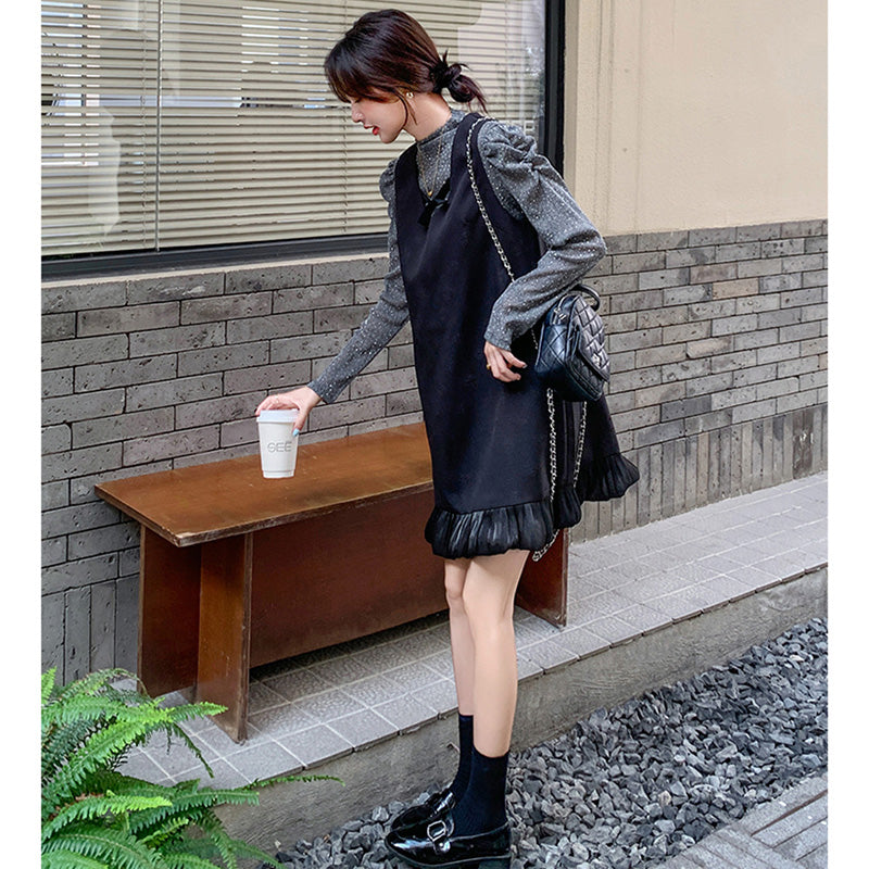 パフスリーブ×裾フリルミニワンピース