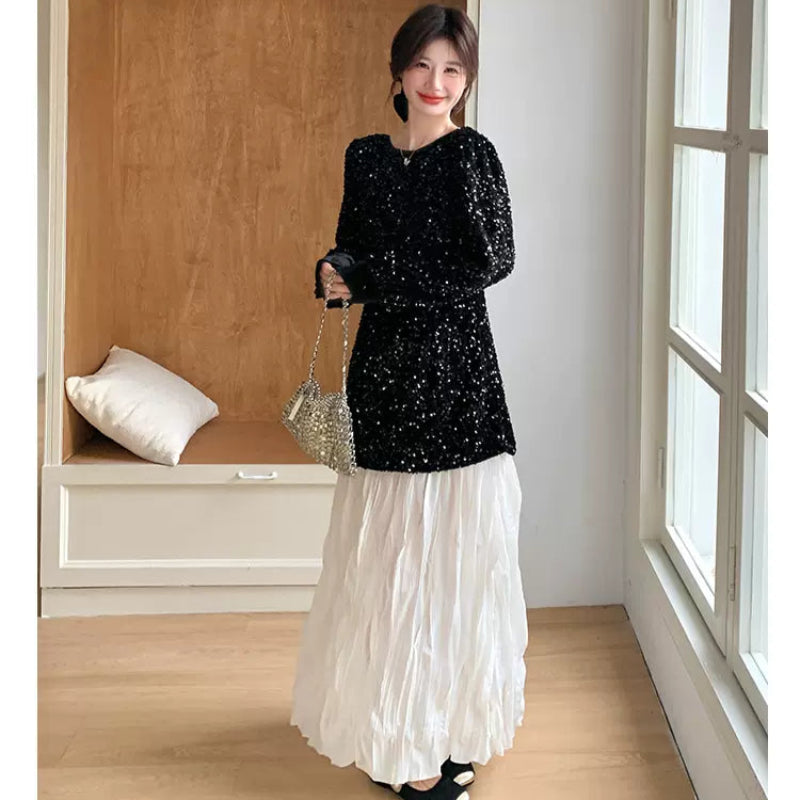 ラメトップス×ワッシャースカートドッキングワンピース