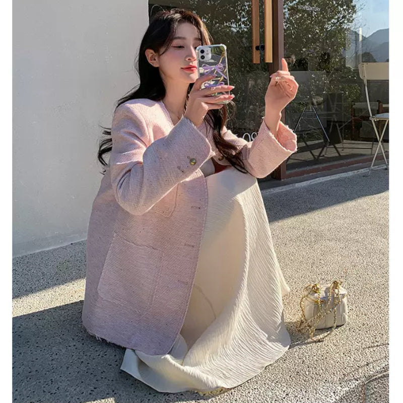 エレガントノーカラーツイードジャケット(3colors)