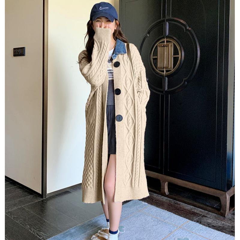 デニム襟付きルーズニットロングカーディガン