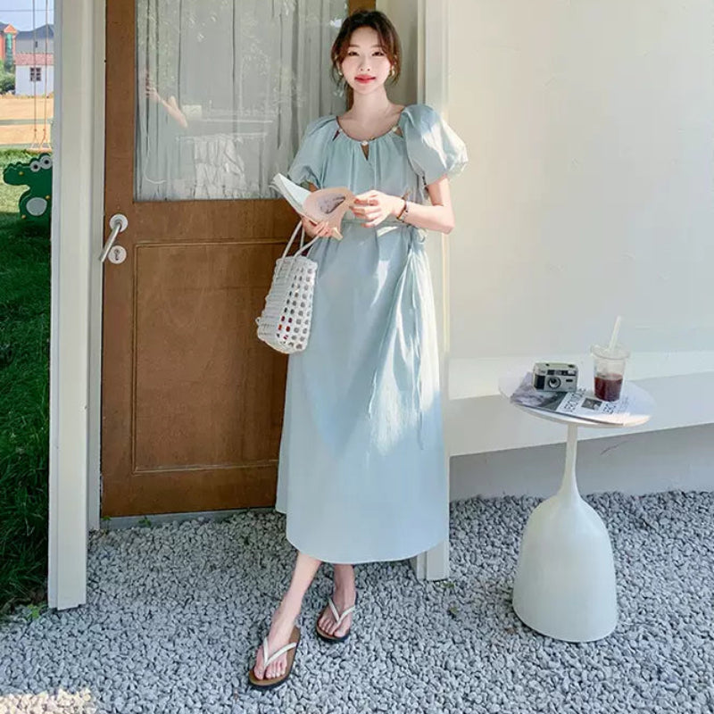 パフスリーブワンピース(スカイブルー)春/夏 リゾートにおすすめ♪