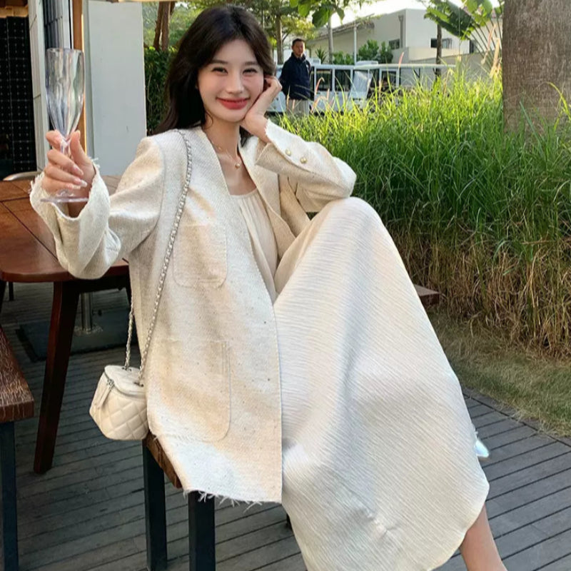 エレガントノーカラーツイードジャケット(3colors)