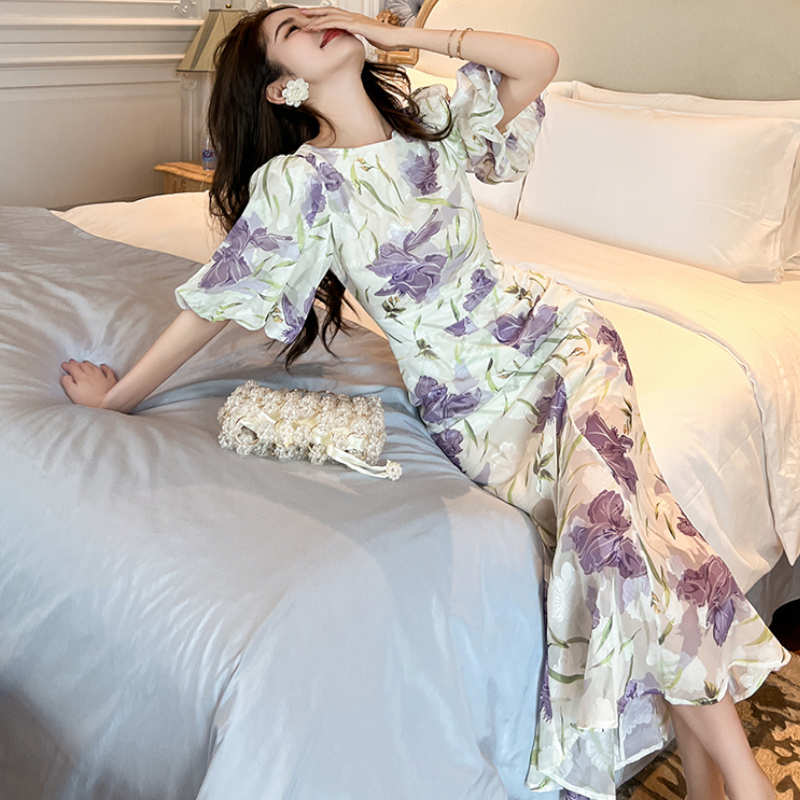 花柄バルーンスリーブマーメイドワンピース