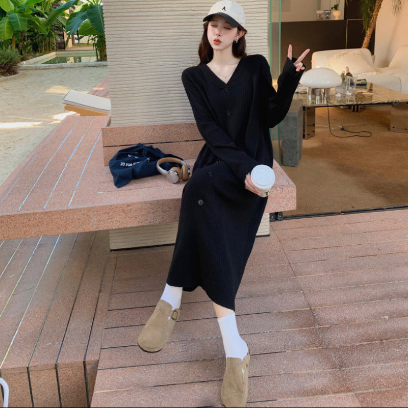 Vネックリラクシーロングニットワンピース(2colors)