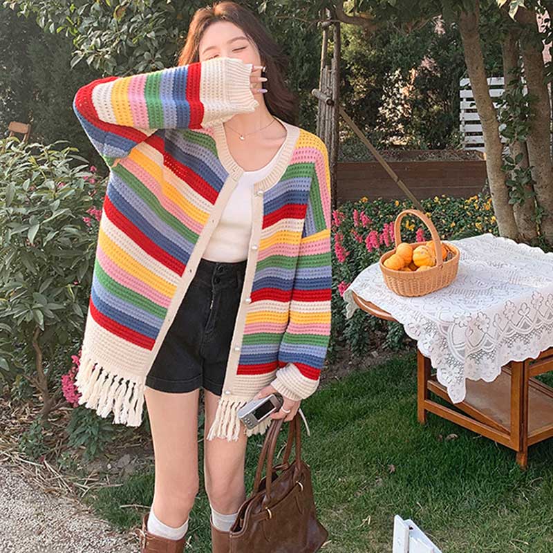 マルチボーダーフリンジカーディガン