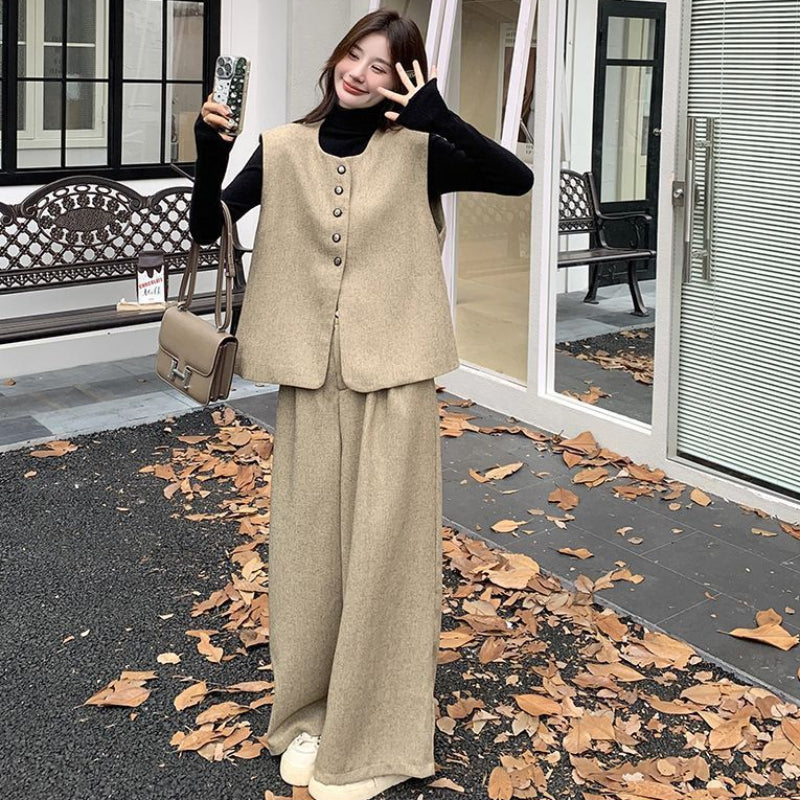 フロントボタンベスト×ワイドパンツセット