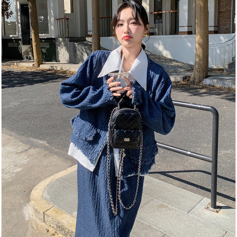 デニムジャケットスカートスーツ×ブラウス3点セット