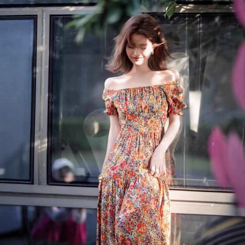 スクエアネック総柄ワンピース