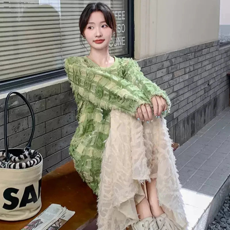 グリーンエンボスチェックワンピース