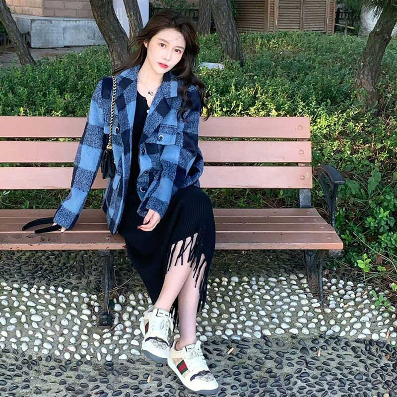 チェックシャギーコート