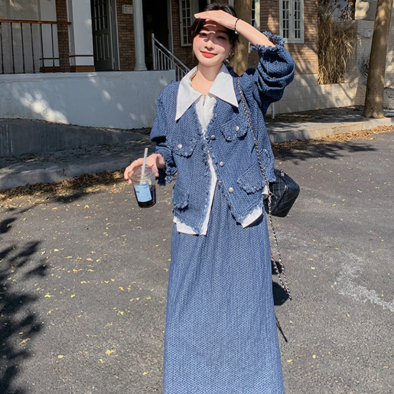 デニムジャケットスカートスーツ×ブラウス3点セット