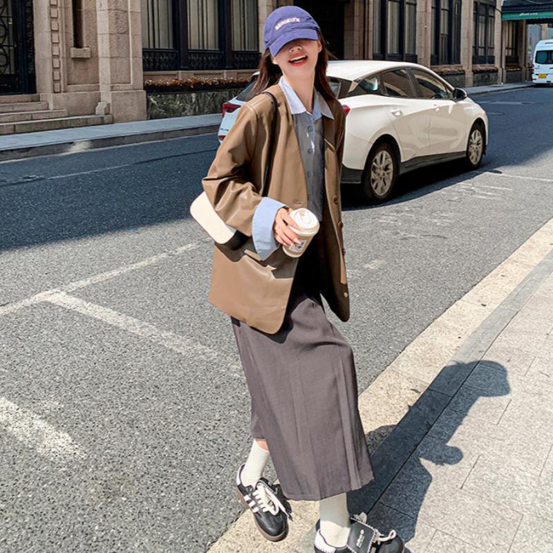 ノーカラーVラインPUレザージャケット