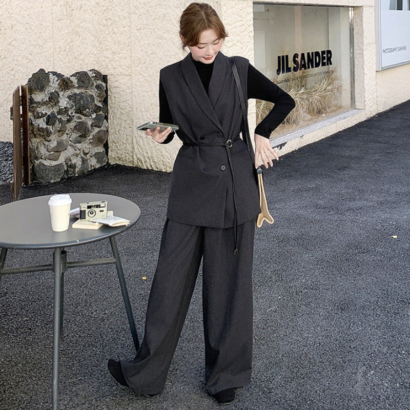 スリーブレスジャケット×トップス×ワイドパンツ3点セット