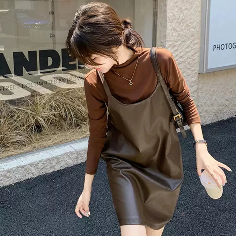 タートルトップス×PUレザーワンピースセット(2colors)