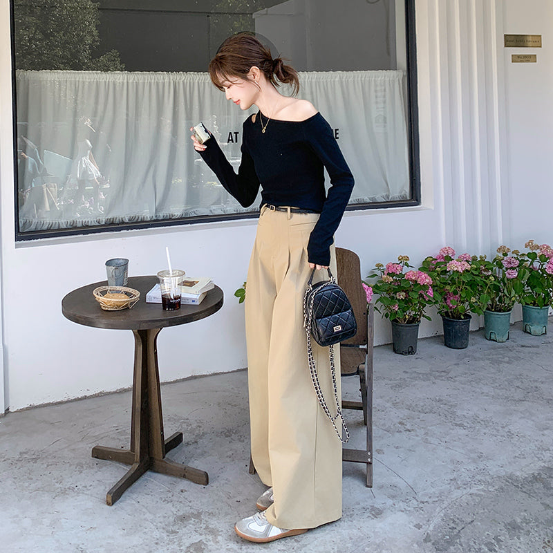 オフショルダーカットソー×ワイドレッグパンツコーデセット