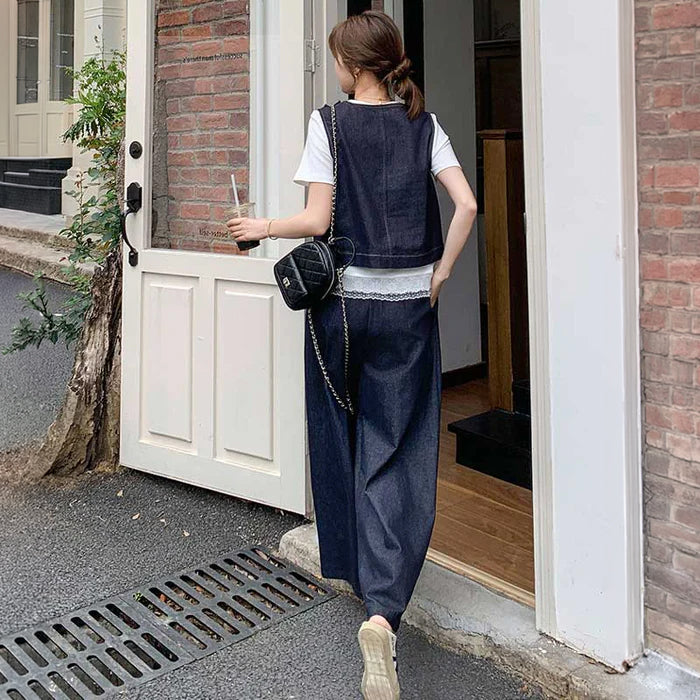 裾レースTシャツ×ワイドデニムセットアップ