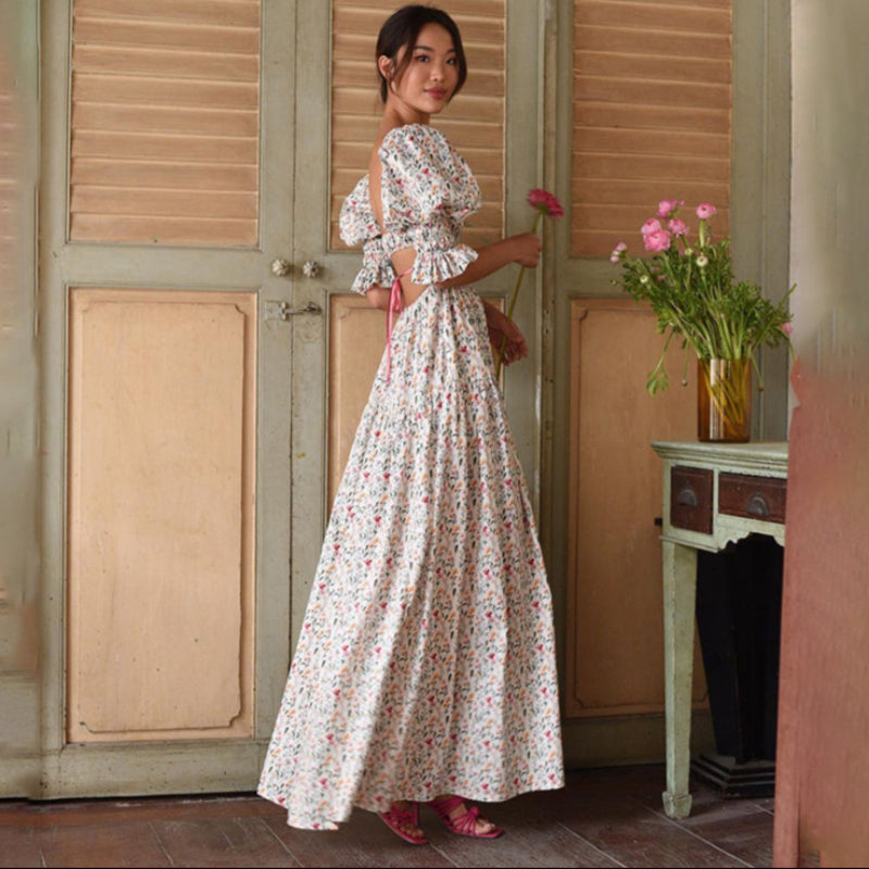 バックオープンフラワーロングワンピース