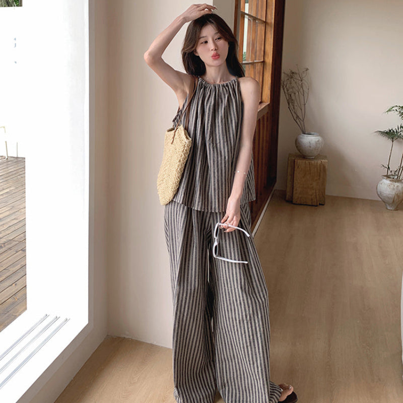 ストライプホルターネックトップス×パンツセット