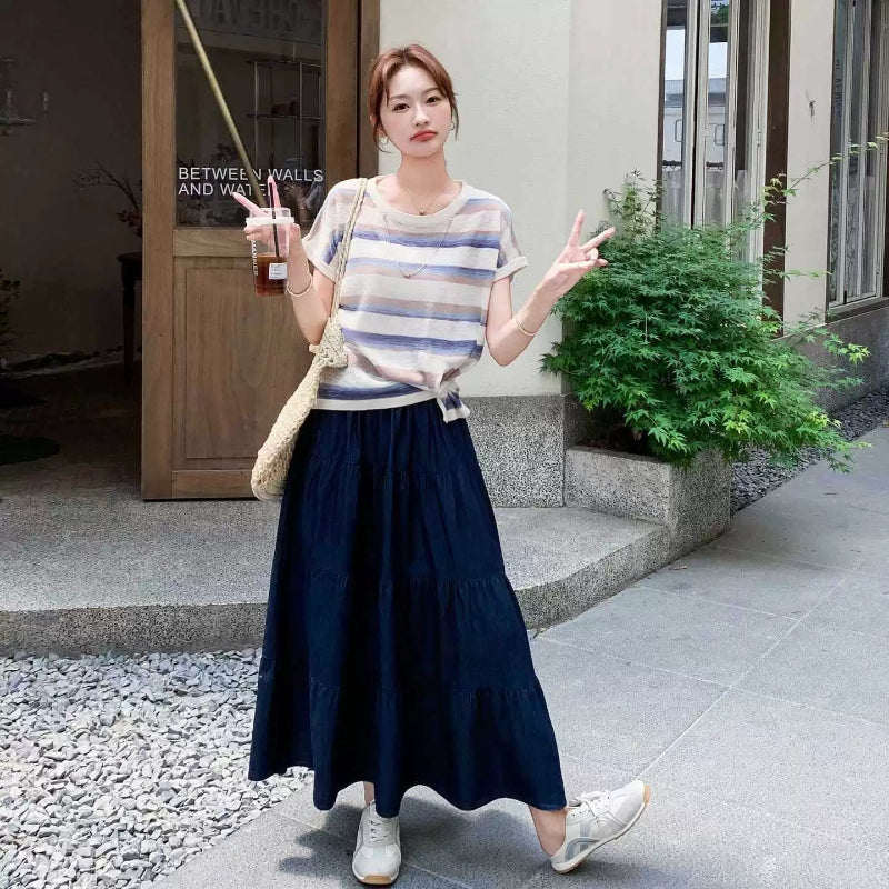 ボーダーTシャツ×デニムスカートセットアップ