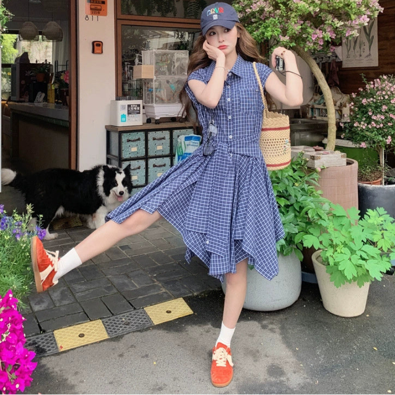 アシンメチェックシャツワンピース