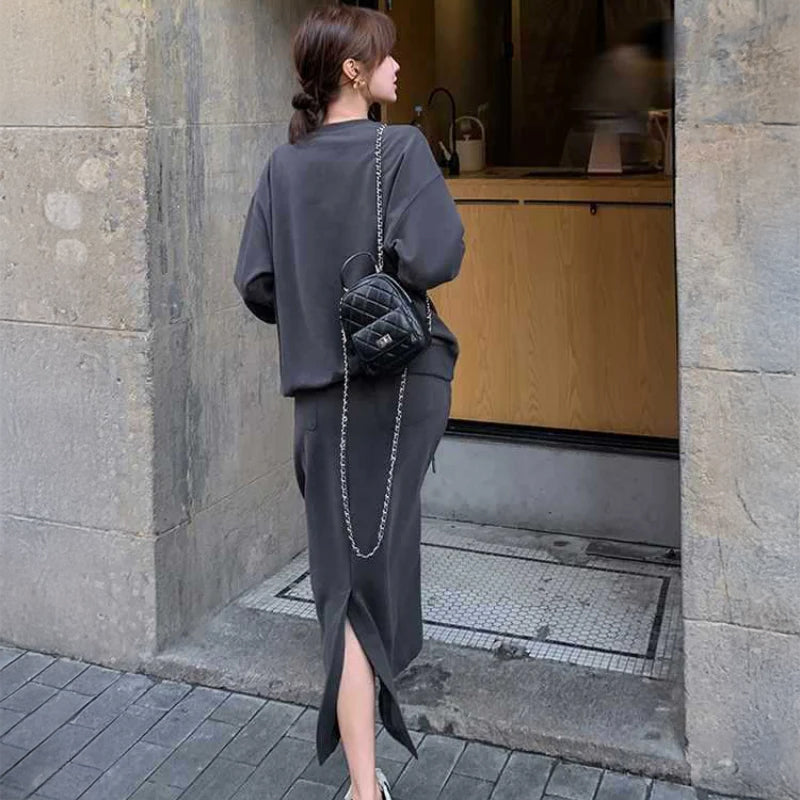 プリントトップス×バックスリットスカートスウェットセット