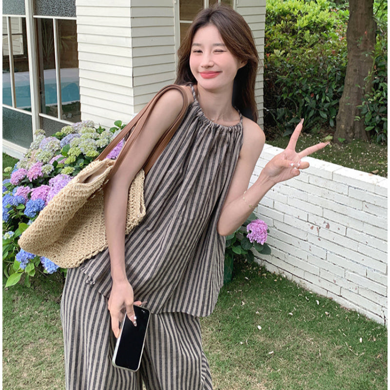 ストライプホルターネックトップス×パンツセット